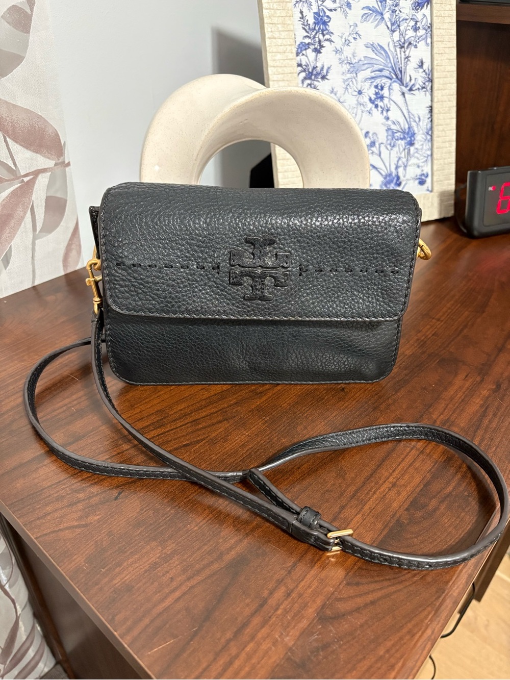Tory Burch Black Pebbled Leather Logo Crossbody